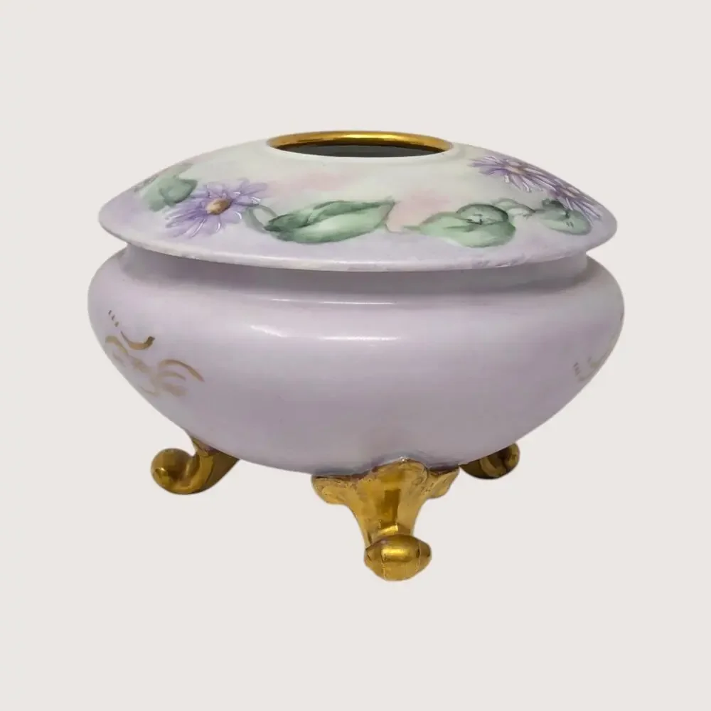 Antique Royal Austria Hand Painted Porcelain Footed Floral Hair Receiver